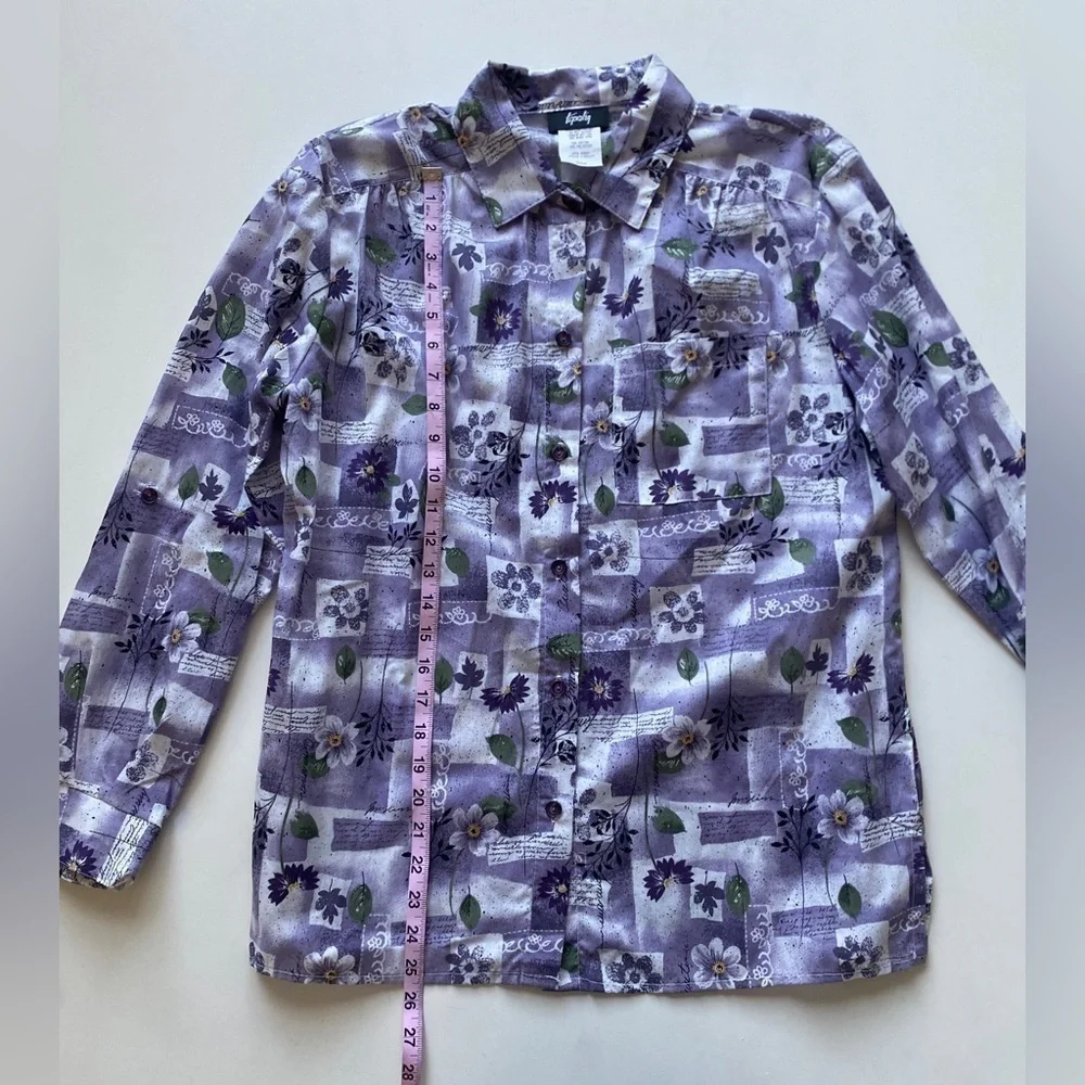 Vintage Tapestry Purple Garden Floral Button Up Roll Tab Shirt Women's Medium - Picture 5 of 7
